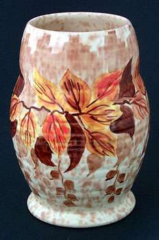handpainted vase with autumn leaves, Height 5.75"