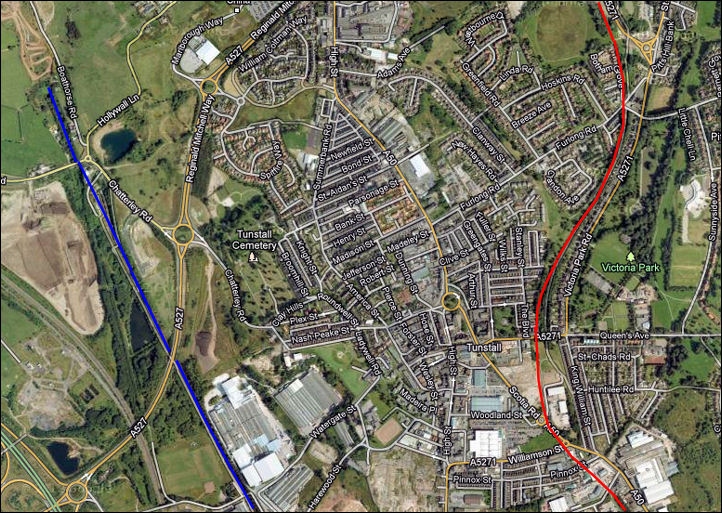 the Trent and Mersey Canal (in blue) which passes through the area around a mile to the west of Tunstall and the route of the former Loop Line (in red) to the east 