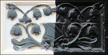 two panels depicting snow drop-type flowers around a shield