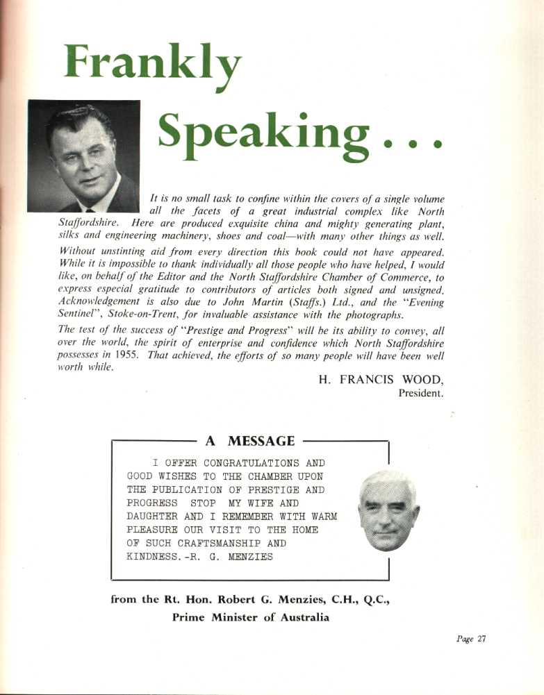 Introduction to brochure. H. Francis Wood (President of North Staffs Chamber of Commerce) & Robert Menzies (Prime Minister of Australia)