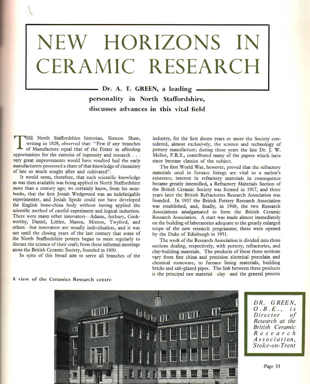 "New Horizons in Ceramic Research" - by the Director of British Ceramic Research Association