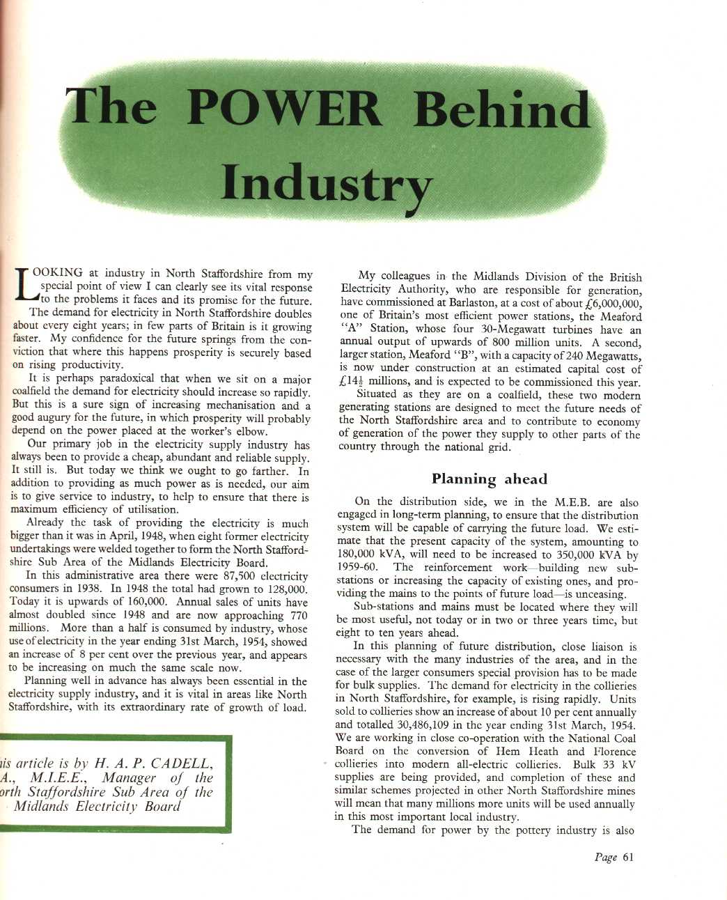 The power behind Industry" Article on electricity