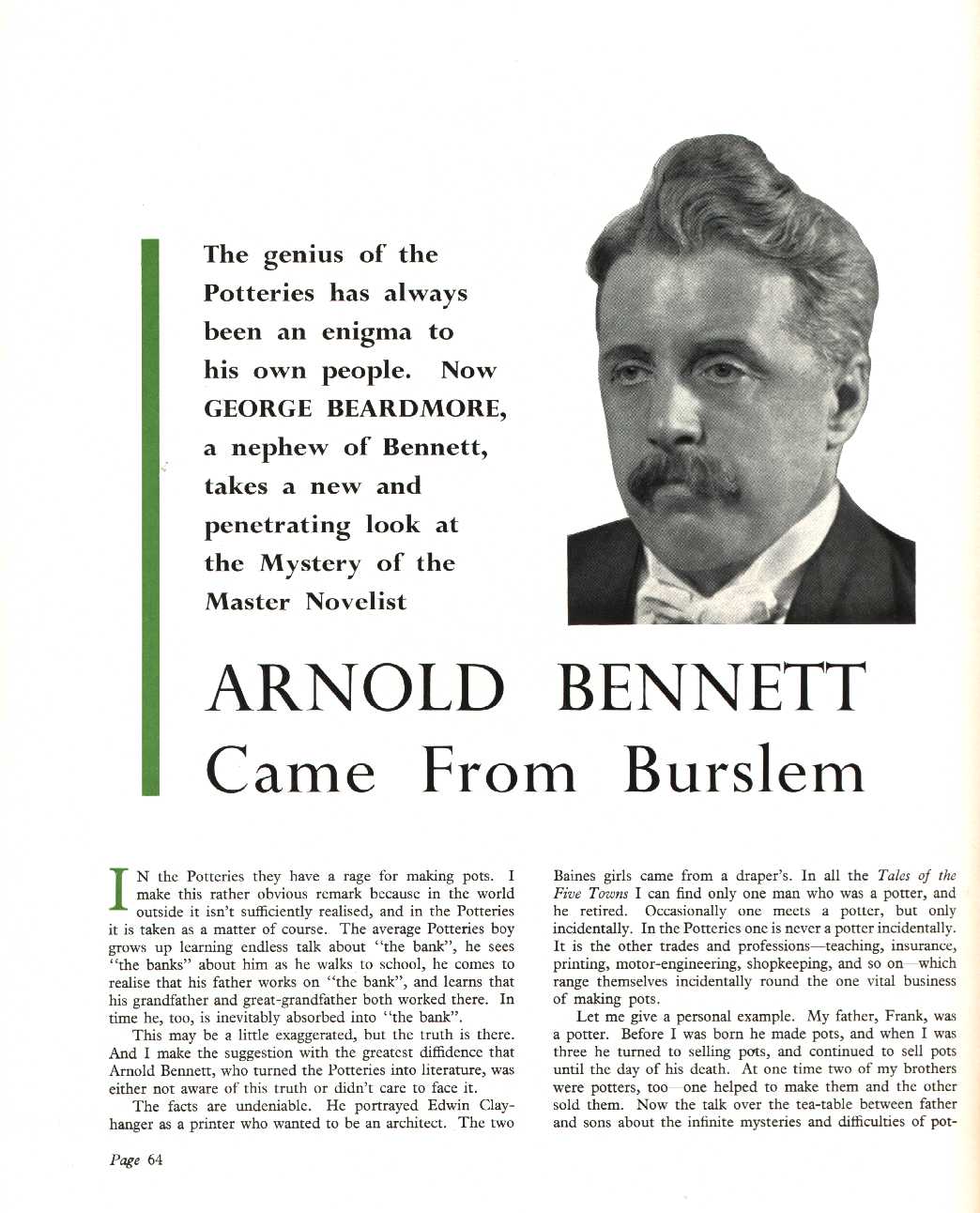 Arnold Bennett came from Burslem" article by Bennett's nephew