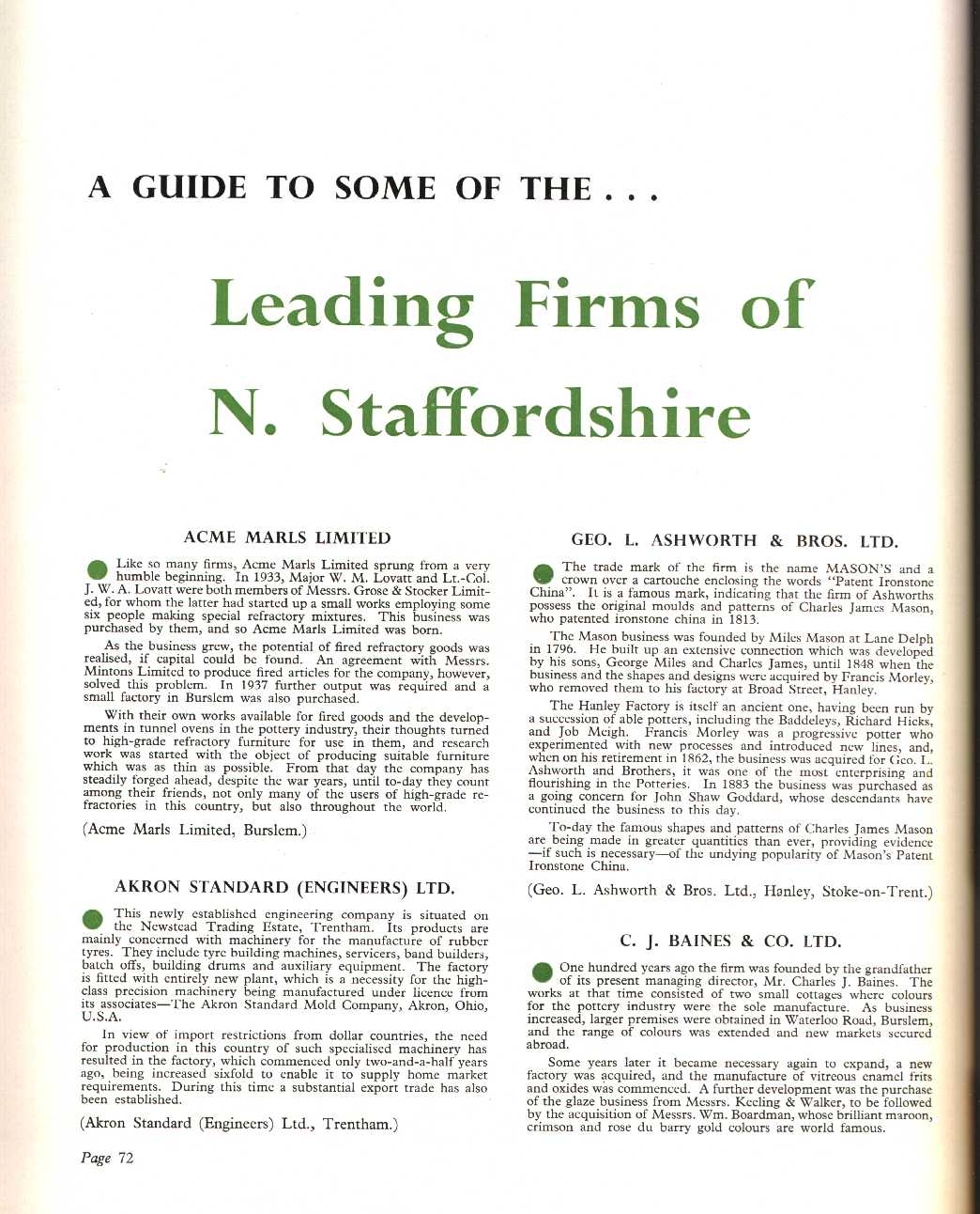 A guide to some of the leading firms of North Staffordshire, Acme Marls Limited, Akron Standard (Engineers) Ltd, Geo. L. Ashworth & Bros. Ltd, C. J. Bains & Co. Ltd.