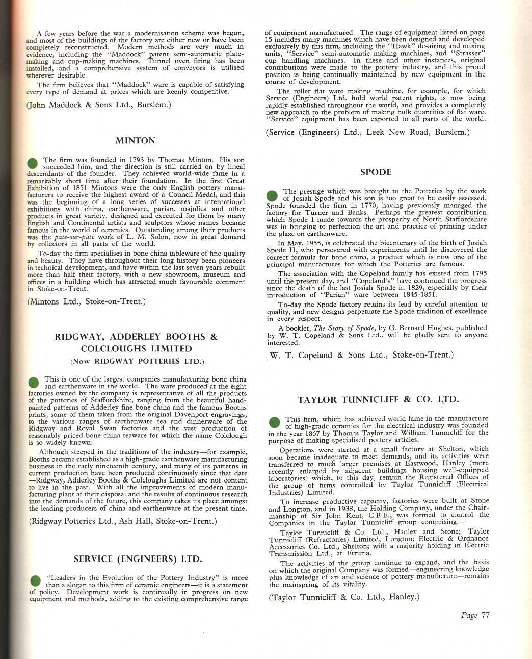 A guide to some of the leading firms of North Staffordshire, Minton, Ridgway, Adderley Booths & Colcloughs Limited, Service (Engineers) Ltd, Spode, Taylor Tunnicliff & Co. Ltd.