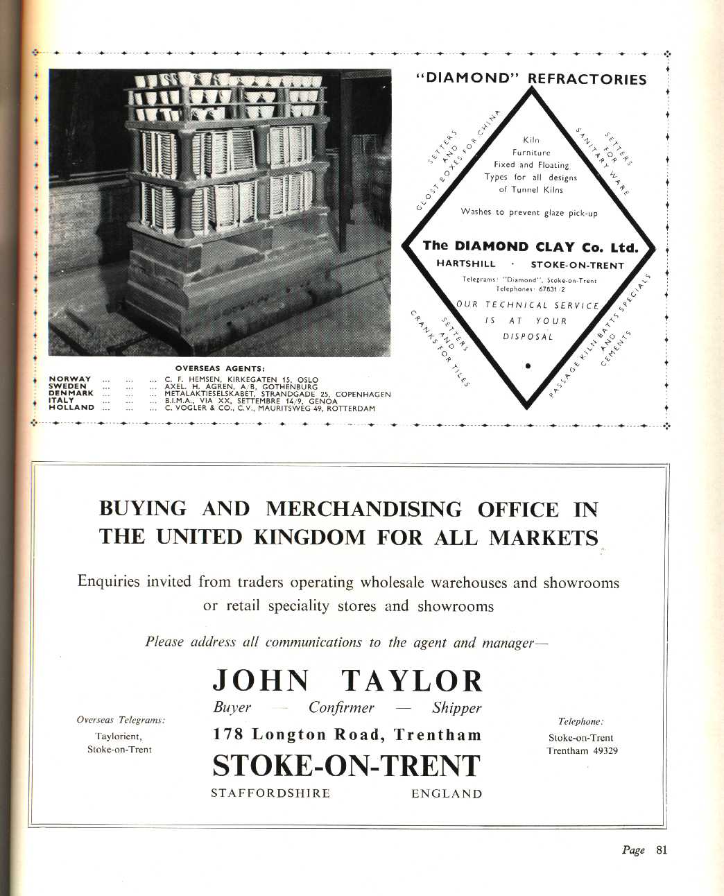 The Diamond Clay Co. Ltd (Kiln Ware), John Taylor (Buyer - Confirmer - Shipper)