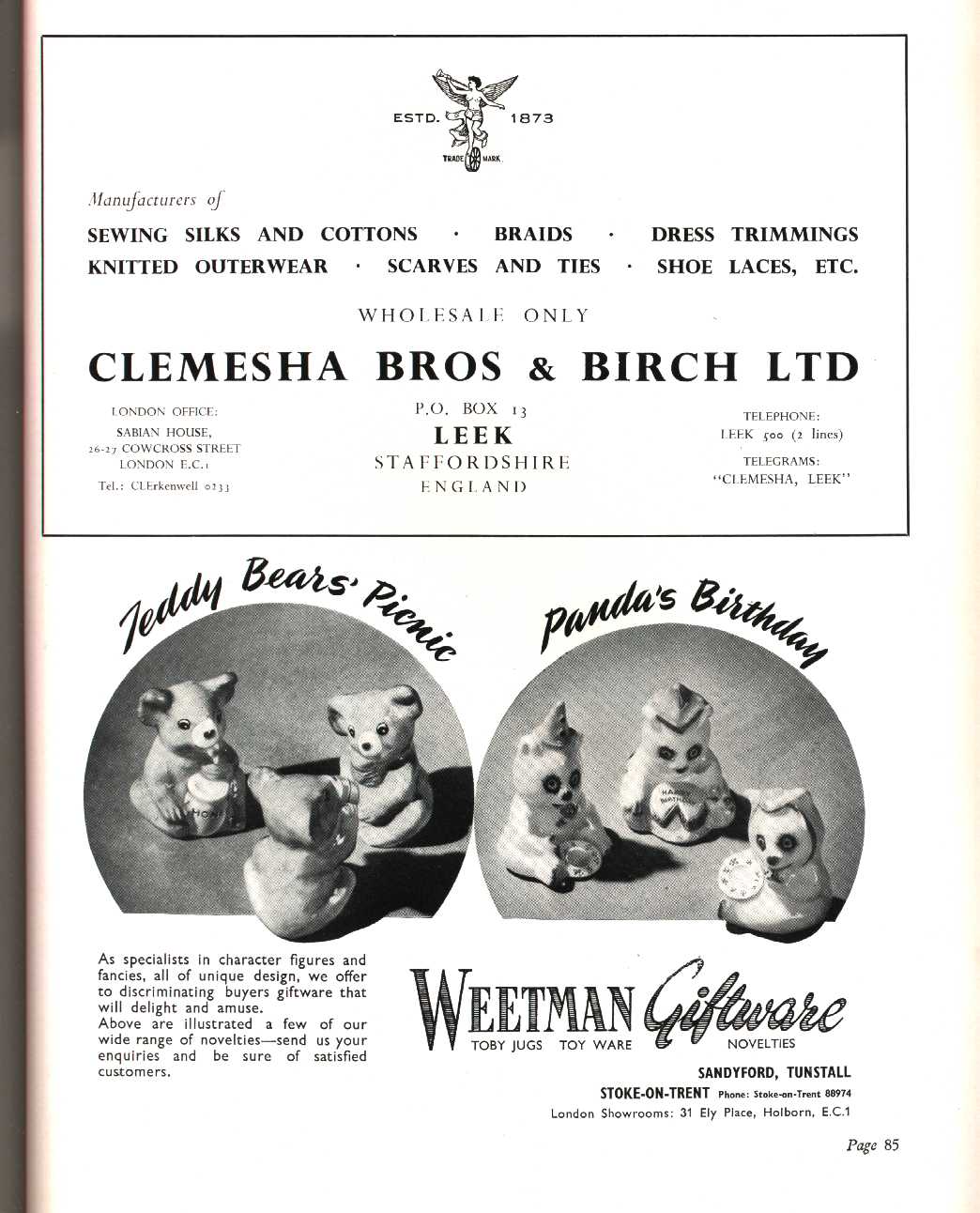 Clemesha Bros & Birch Ltd. (Leek) Textile manufacturer, Weetman Giftware (Tunstall) Toby Jugs, Toy Ware, Novelties
