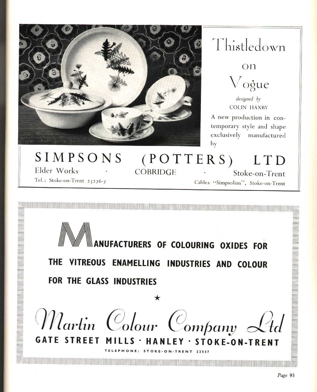 Simpsons (Potters) Ltd. (Cobridge), Martin Colour Company Ltd. (Hanley) (colours, glazes, minerals)