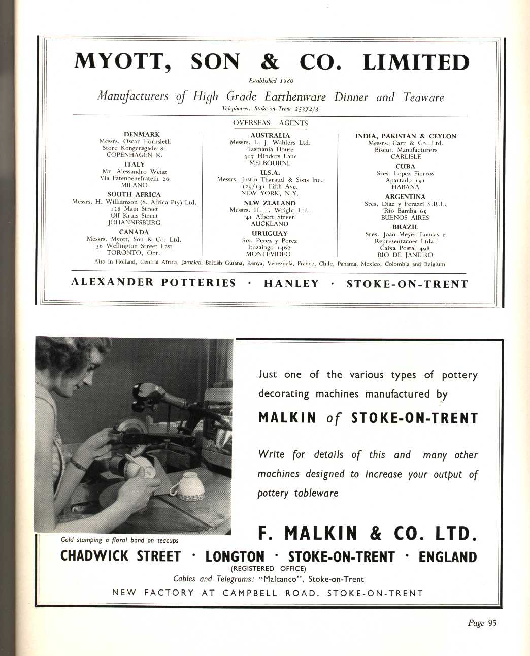 Myott, Son & Co. Ltd (Hanley) (Potters), F. Malkin & Co Ltd. (Longton) (manufacturers of pottery decorating machines)