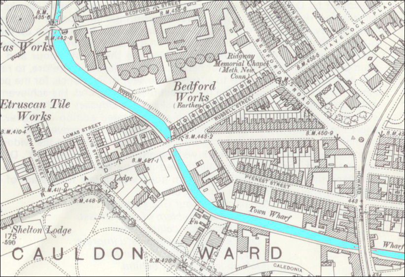 on this 1898 map the Caldon Canal passes under Newcastle Road (now called Shelton New Road) -