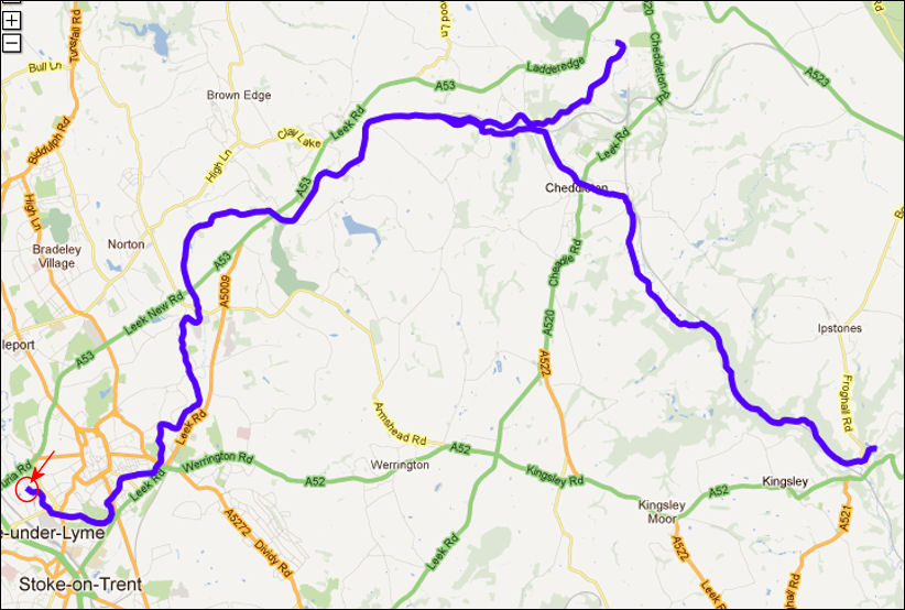 the route of the Caldon Canal from Etruria to Froghall 