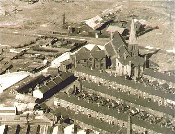 aerial view of St. Mary's Church and adjoining school.