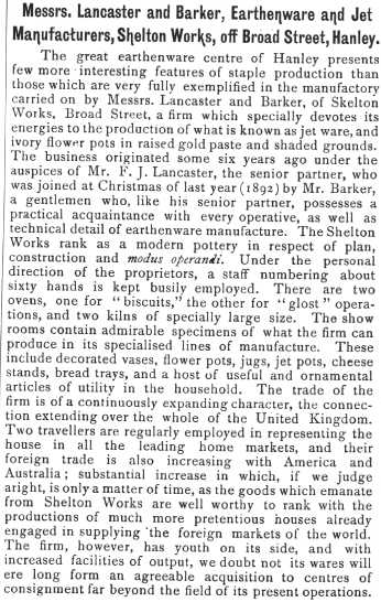 Messrs. Lancaster and Barker, Earthenware and Jet Manufacturers,
