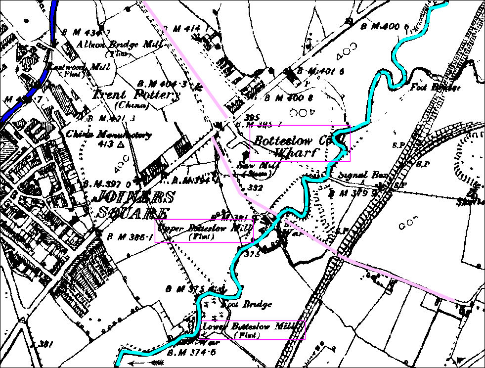 1890 map - the Caldon Canal in the top left, the River Trent in light blue, running parallel with the Trent is the mineral railway