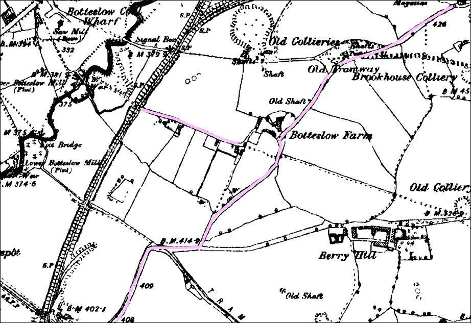 1890 map showing Botteslow Farm - the paths which later became Trentmill Road and Fenton Road are highlighted  