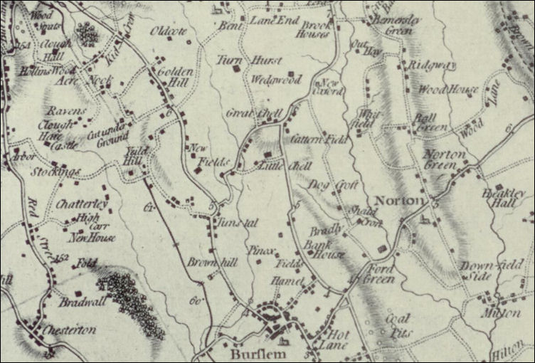 Yates map of 1775 - showing Tunstall, Burslem, Chatterley