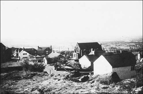 A view of the village of Mow Cop in 1975 with the Primitive Methodist Chapel in the centre