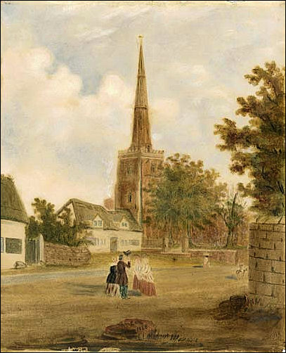 A watercolour by R.M. Colley, looking towards St. Margaret's Church, Wolstanton. 