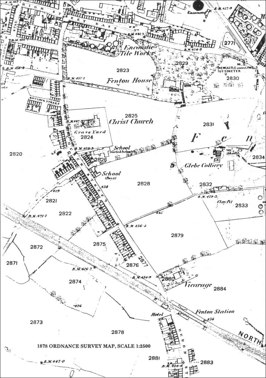 1878 ordnance Survey map shows the original Anglican church built 1838-9 in Church Street, Fenton