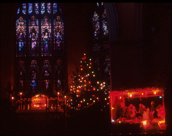 The church decorated for Christmas