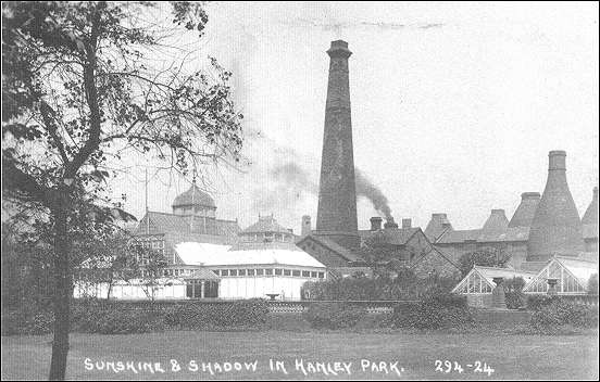 Postcard of conservatory and greenhouses in Cauldon Park 