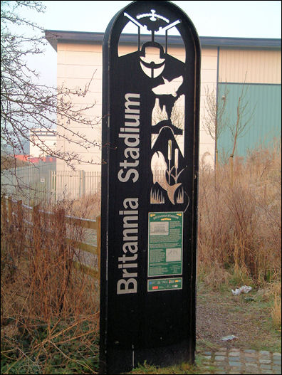 Britannia Stadium marker on the Trent and Mersey canal