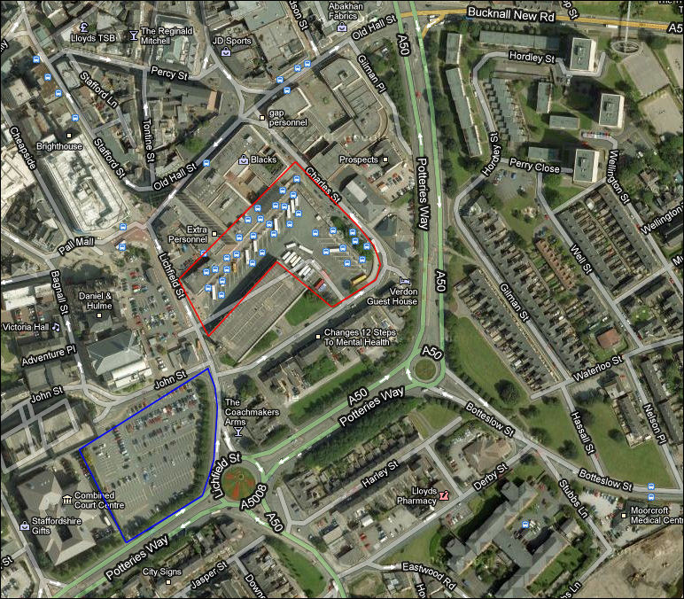  the original bus station (red) and the site of the new station (blue)