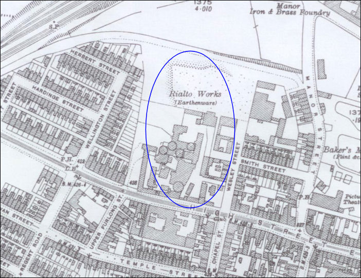 1922 map showing the location of the Rialto pottery works where the Worshops for the Blind was built 