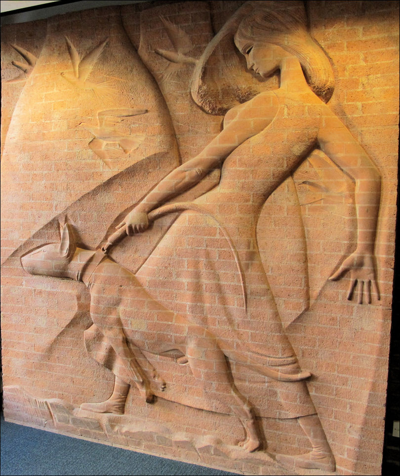 Brick sculpture by Walter Ritchie - at the top of the escalator in the Nat West Bank, Hanley 