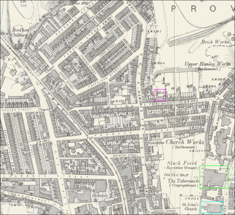 1898 map showing the Mission Hall (purple square) on Union Street 