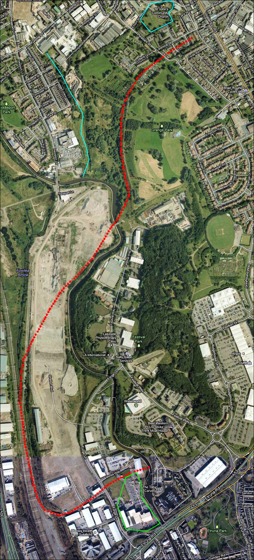 the route of the Grange Branch railway line shown in red on this Google map