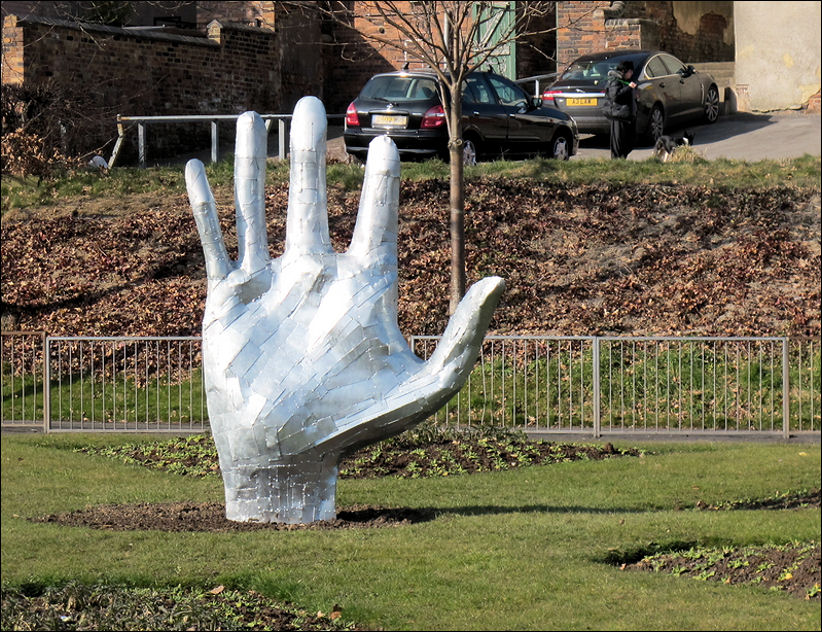 the sculpture of a hand installed at the Botteslow Street roundabout on the Potteries Way ring road