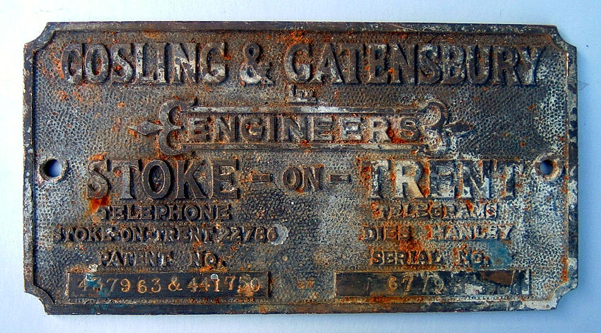 name plaque for Gosling and Gatensbury equipment