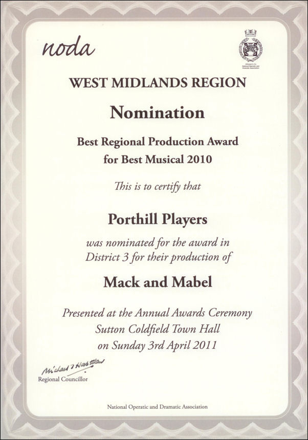 Porthill Players nominated for Regional Best Musical Award 2010 for Mack & Mabel