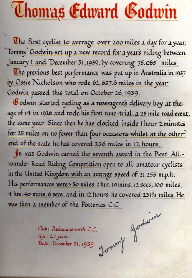 citation of Thomas Edward Godwin's cycling records 