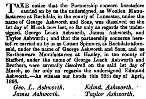 25th April 1866 - the changing fortunes of the Woollen, Cotton & Earthenware businesses of Ashworth 