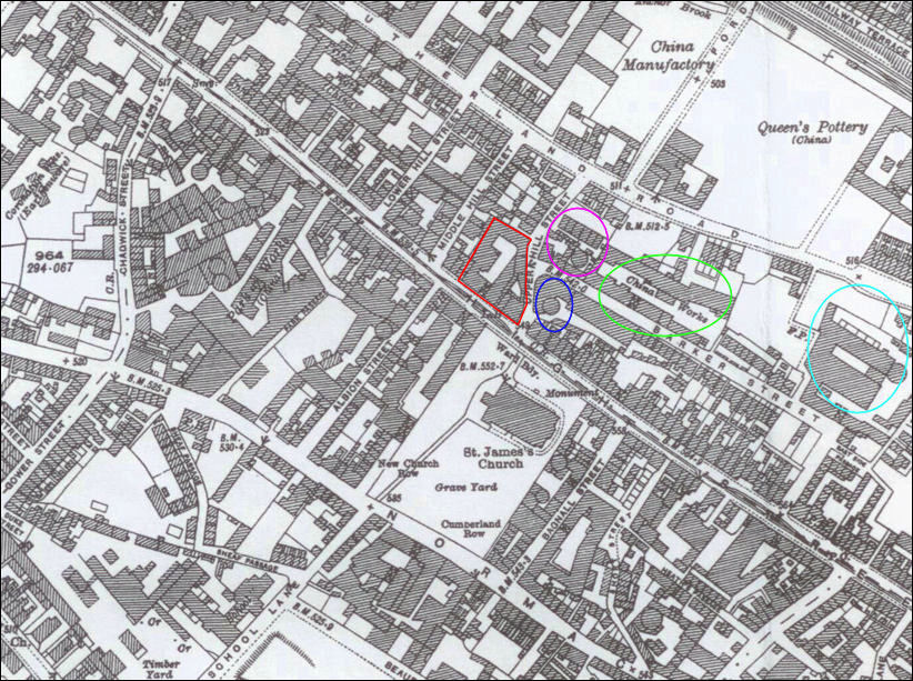 1922 map showing the potworks opposite St. James Church - the Duchess Works is marked in Red