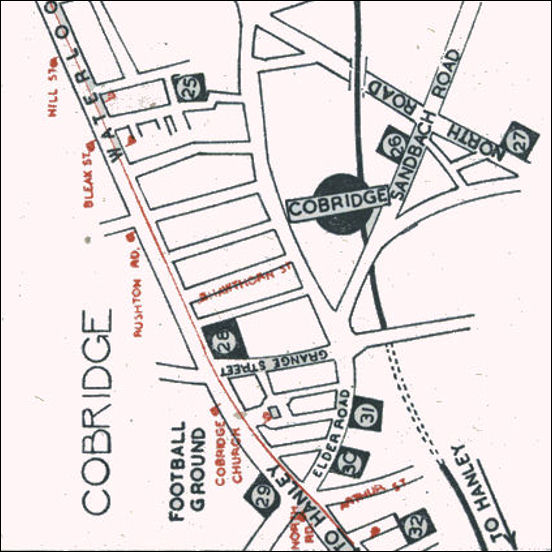 1947 map showing the pottery works around the junction of Waterloo, Cobridge and Elder Roads 