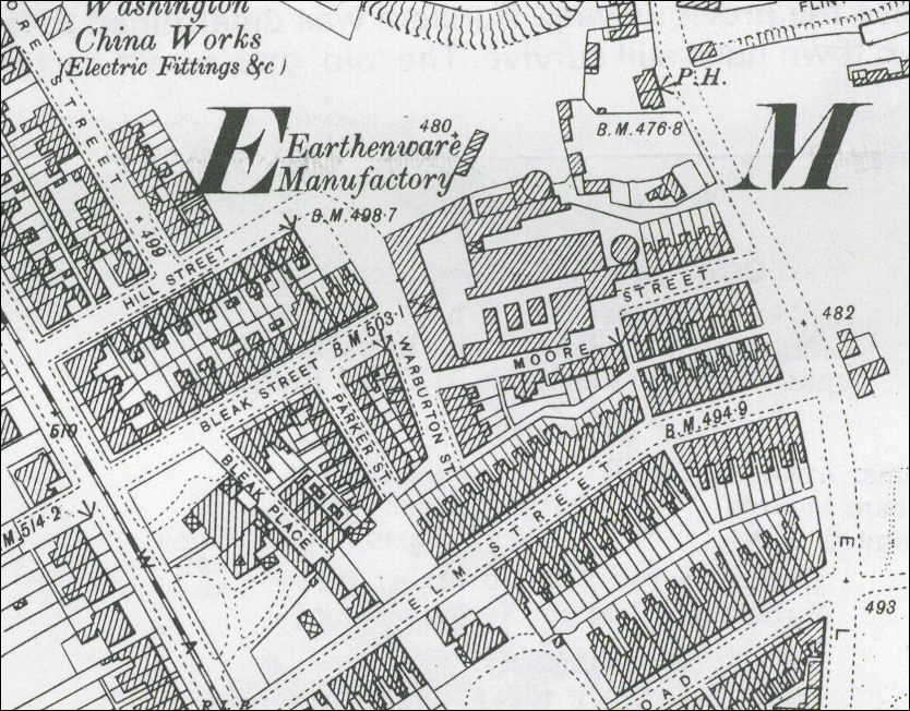 1898 map showing the Bleak Hill Works at the end of Bleak Street 