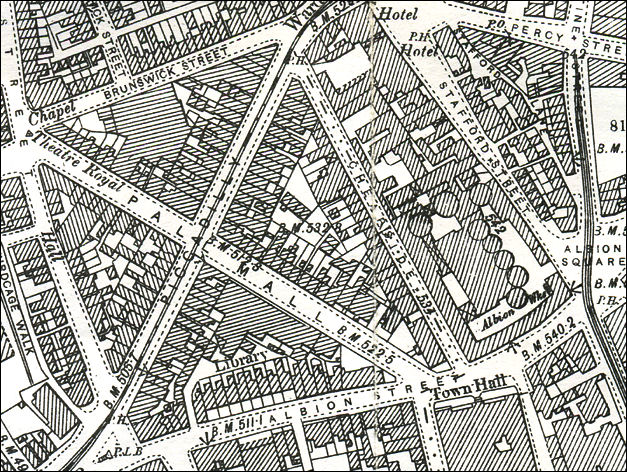 this 1898 map shows the Dimmock's Albion Pottery Works, opposite the Town Hall
