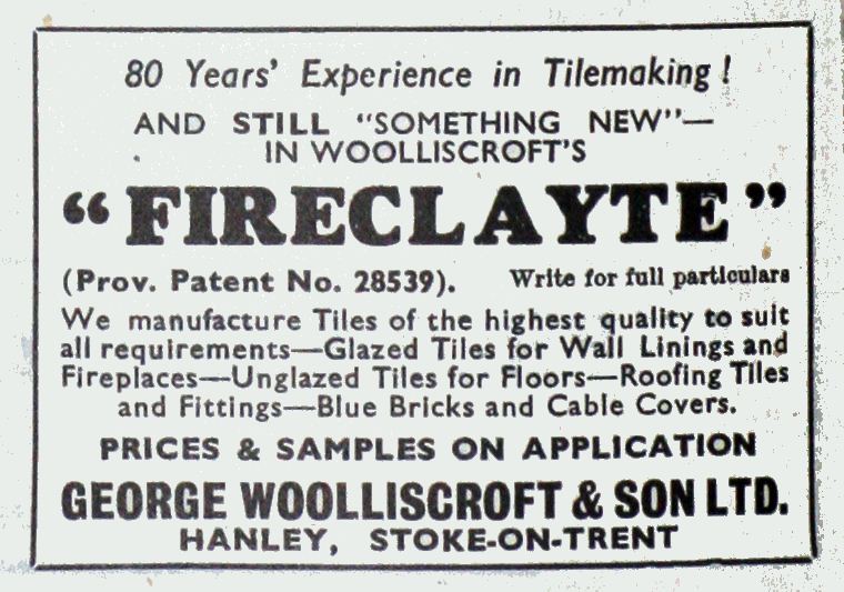 1945 advert for Woolliscroft's 'FIRECLAYTE'  