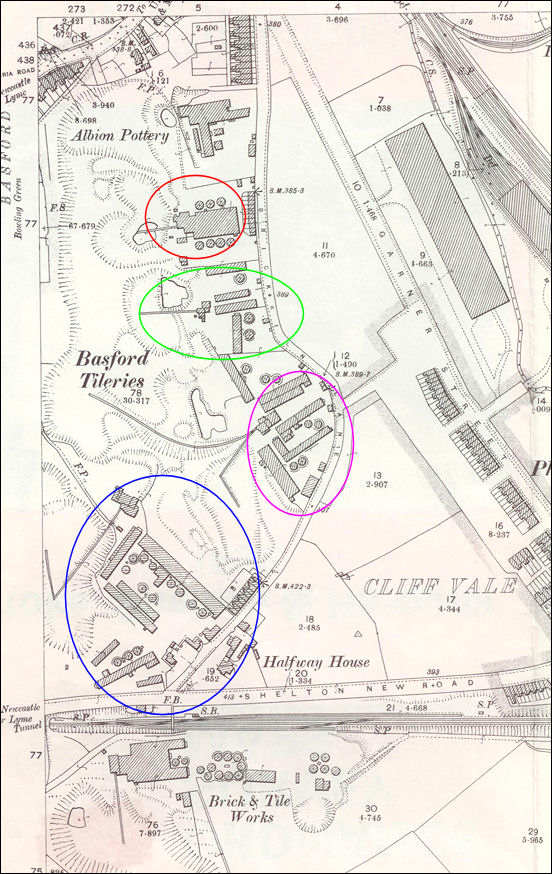 Basford & Trent Vale Tileries together with the Caddick Tileries (blue circle) on Brick Kiln Lane - 1898 map