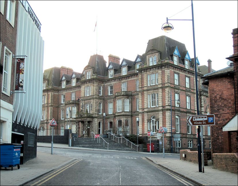 The view up Pall Mall - Hanley Town Hall in the centre and to the left is BBC Radio Stoke 