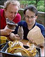 City Council Archaeologist Bill Klemperer and project officer Jonathan Goodwin with ancient pottery finds from the old Burslem Art College site