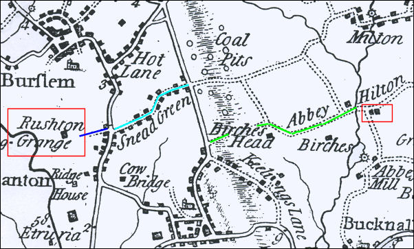 Yates 1775 map showing the relationship between Sneyd Street, Abbey Hilton and Ruston Grange