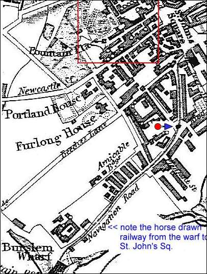1832 map showing the railway running along Navigation road 