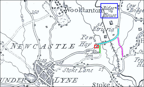 1775 Yates map showing the road from Etruria to Basford