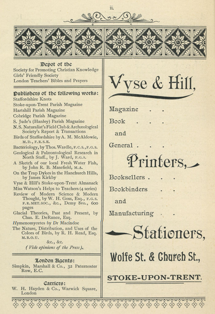 Vyse & Hill, Printers and Stationers - 1895 advert