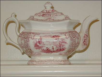 Pink transferware teapot