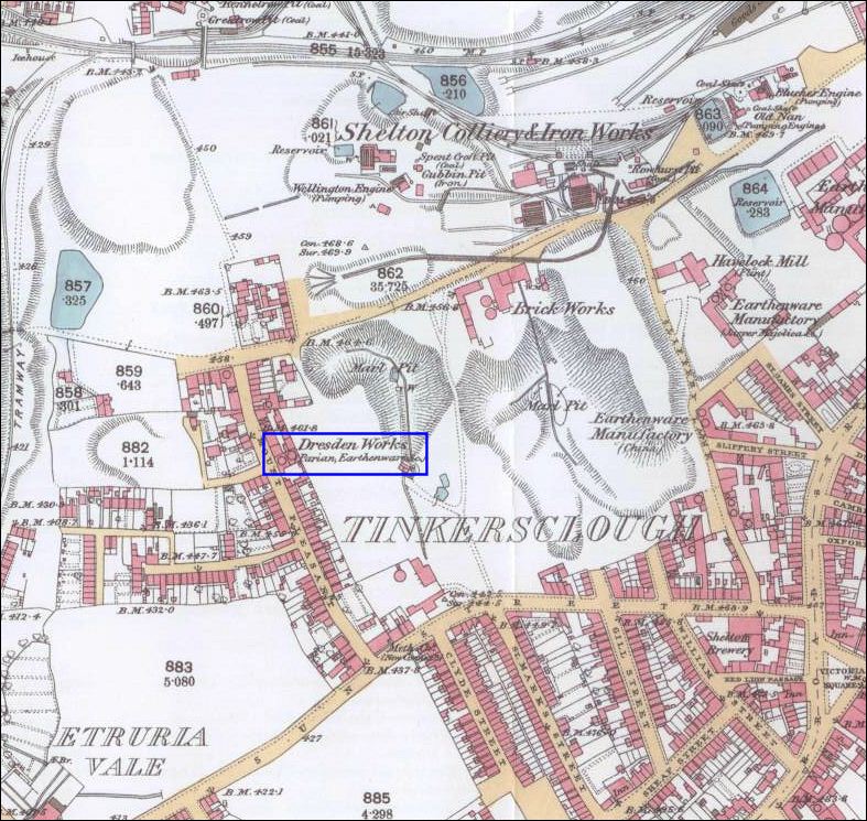 1877 OS map of the Tinkersclough area of Hanley showing the Dresden Works
